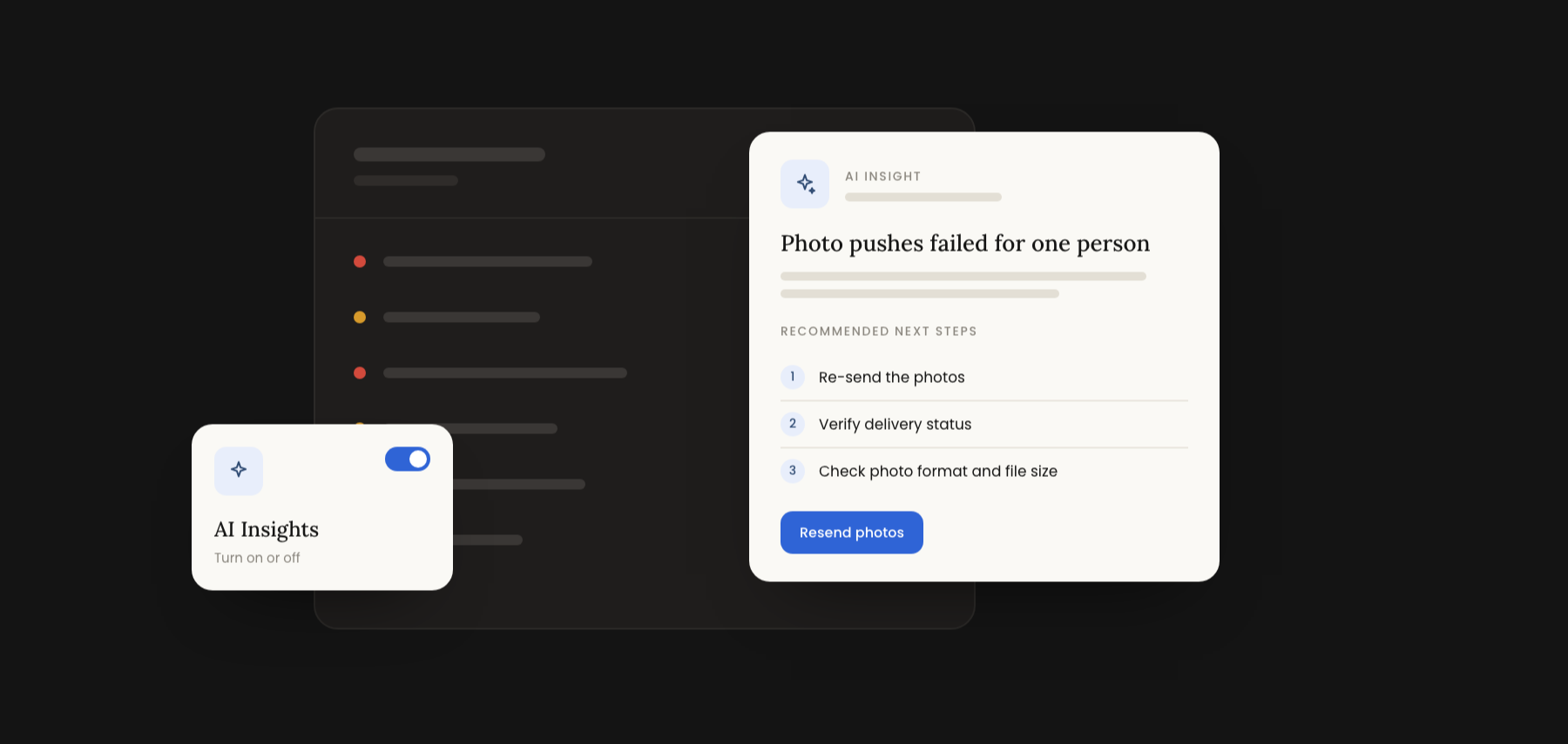 An AI Insight in CardPulse explaining that photo pushes failed for one person, with three recommended next steps and a Resend photos button, beside a switch to turn AI Insights on or off.