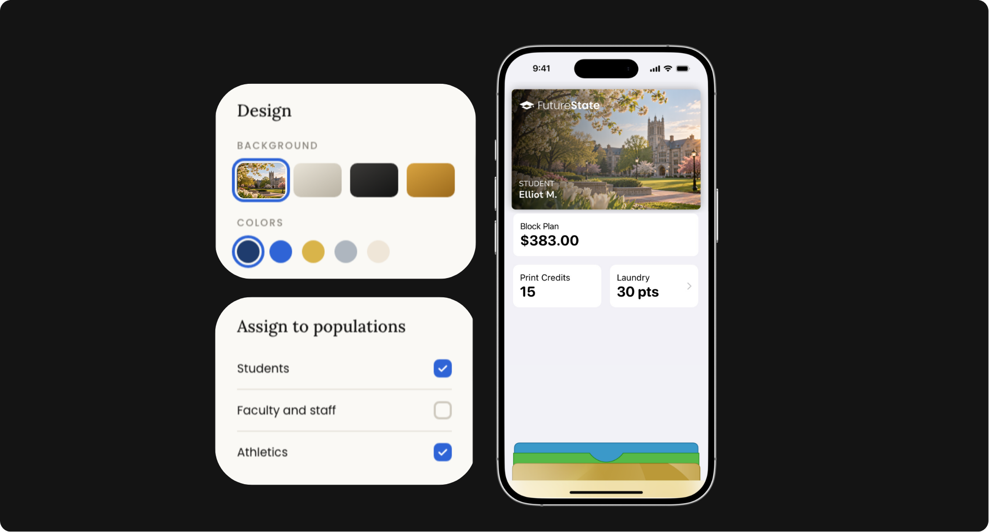 Credential Art Studio with a campus photo background and color choices, population assignments for Students, Faculty and staff, and Athletics, and an iPhone showing the finished pass in Apple Wallet, using demo data.