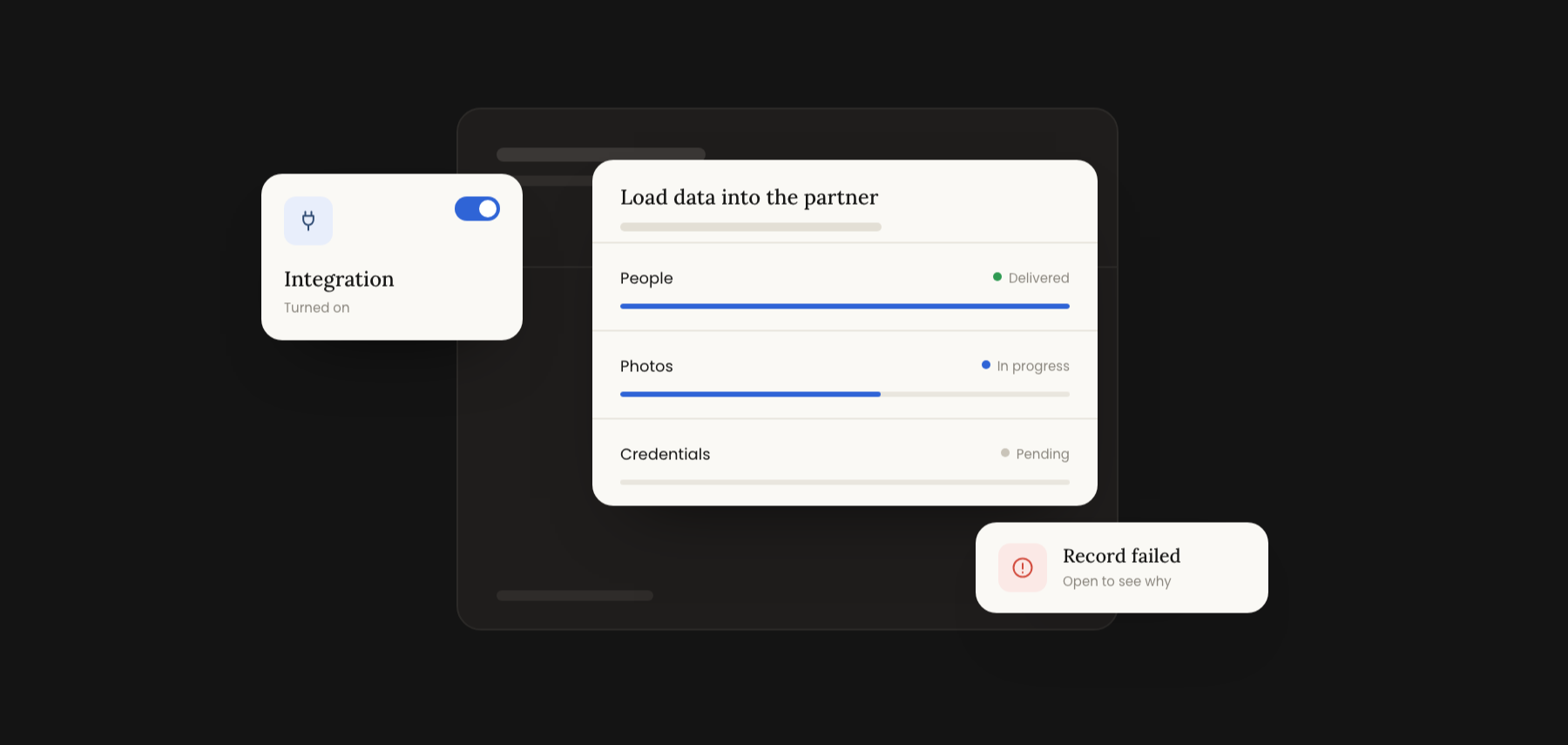 An integration turned on, with a load card showing people delivered, photos in progress and credentials pending, and a notice that a record failed.
