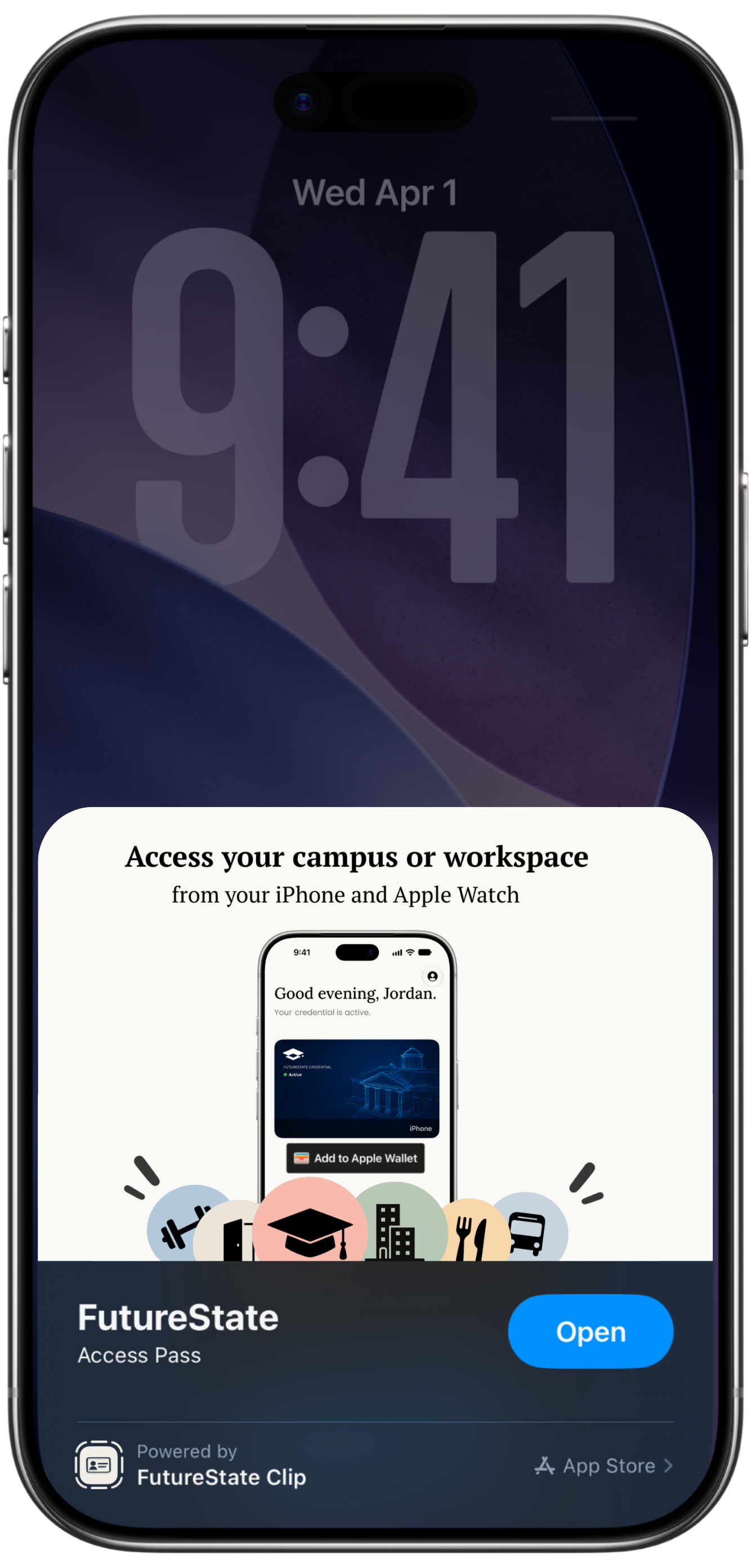 An iPhone showing the FutureState App Clip card with an Add to Apple Wallet button and an Open button