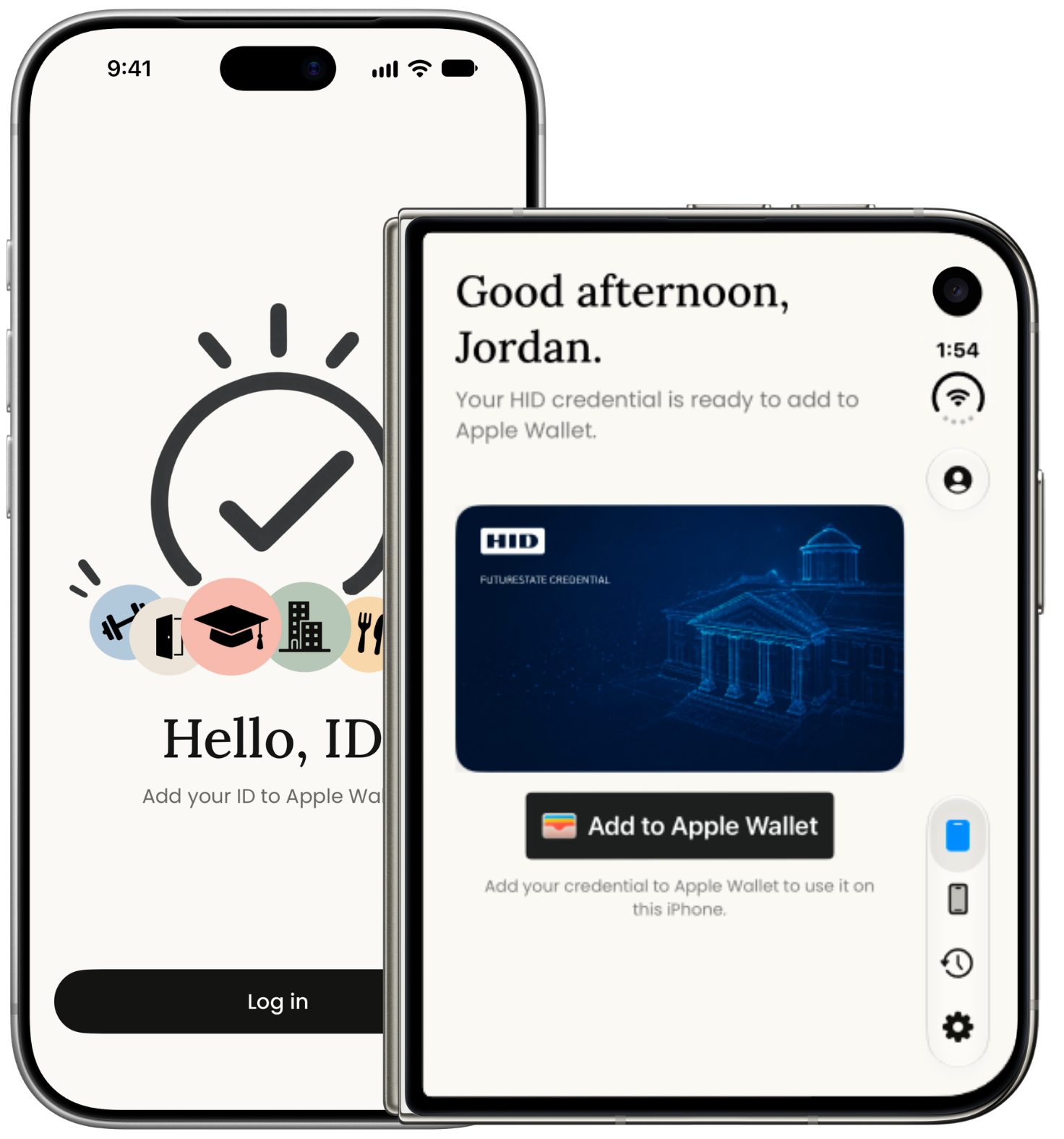 The FutureState Mobile Access app on iPhone and iPhone Duo, showing the sign-in screen and an HID credential ready to add to Apple Wallet